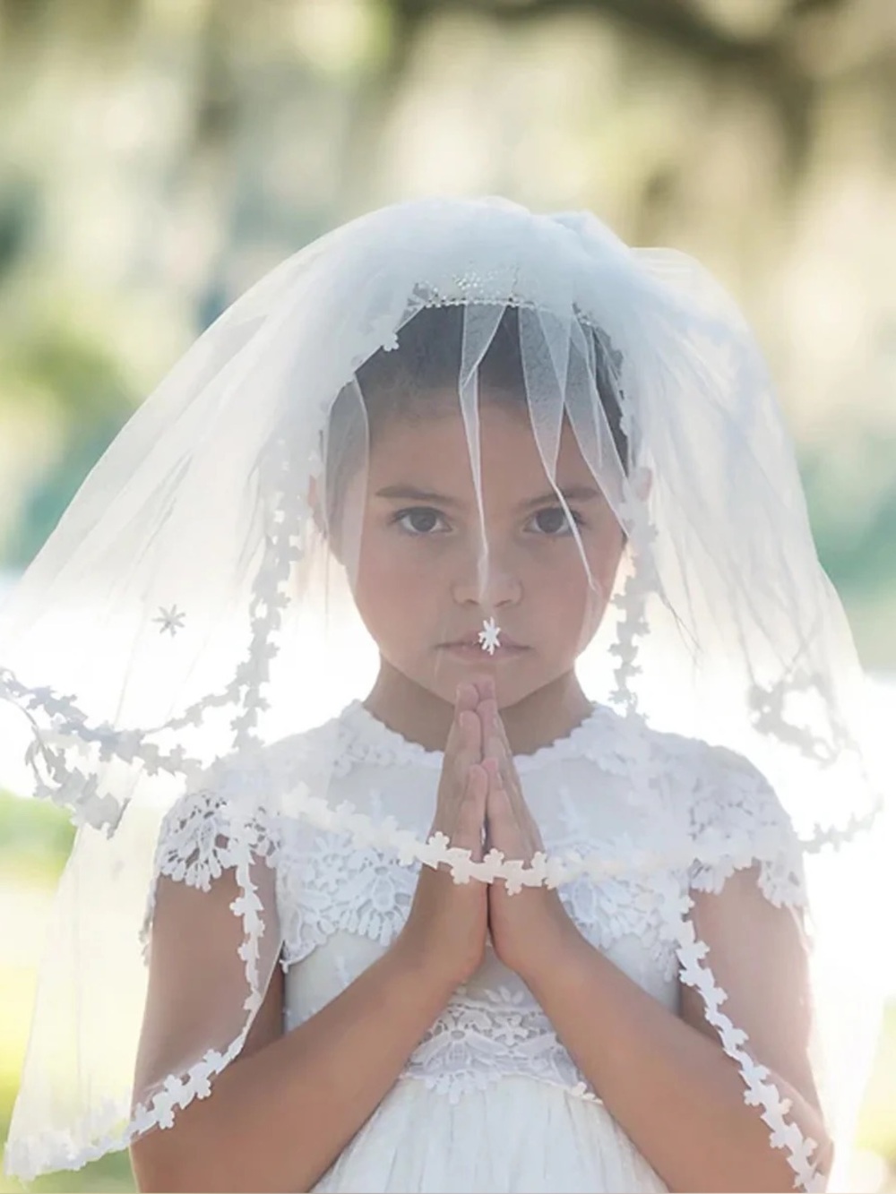 White Flower-Trimmed First Communion Veil for Girls- Never worn